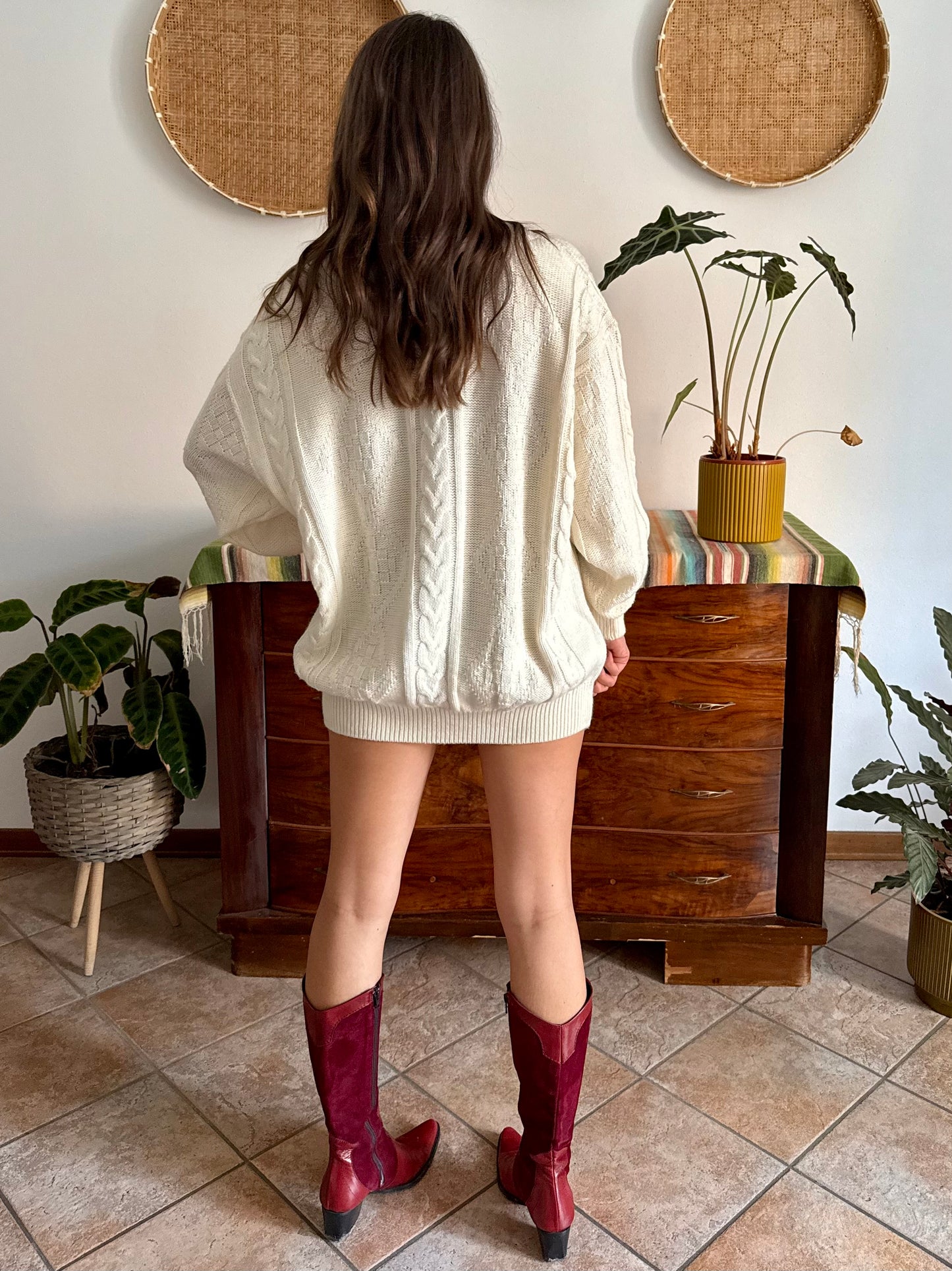 1970's vintage oversize cream wool blend cable knit Fisherman's pullover