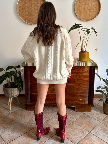 1970's vintage oversize cream wool blend cable knit Fisherman's pullover