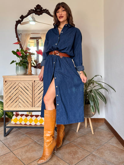 1970's vintage dark blue denim maxi dress