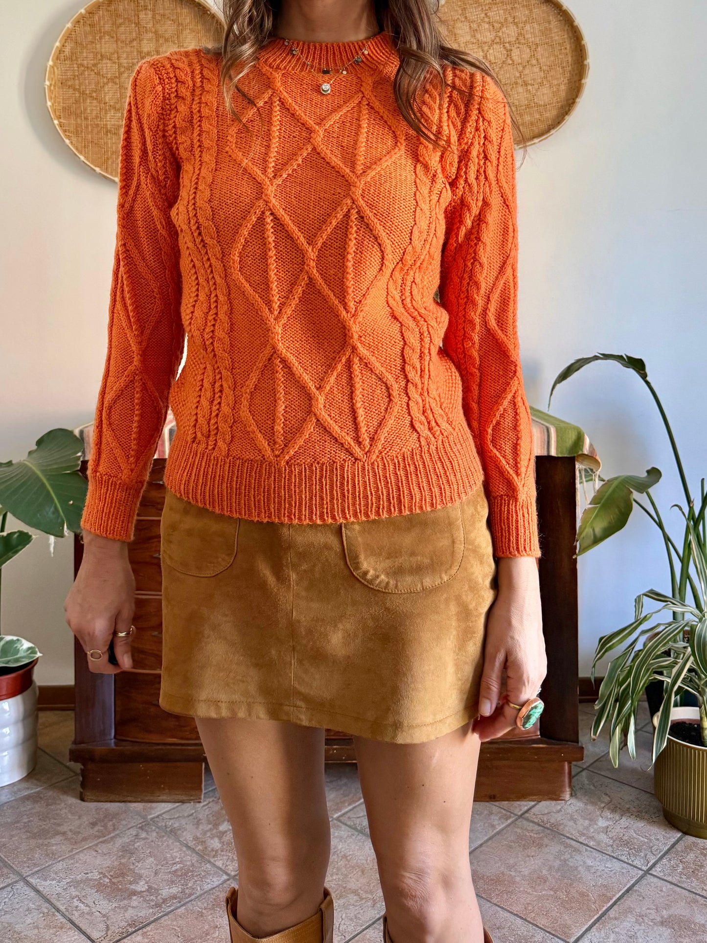 1970's vintage orange wool mock neck cable knit pullover
