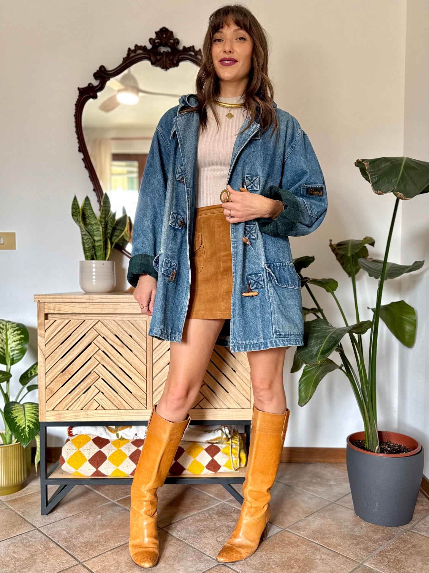 1990’s vintage denim duffle coat with green and navy plaid lining