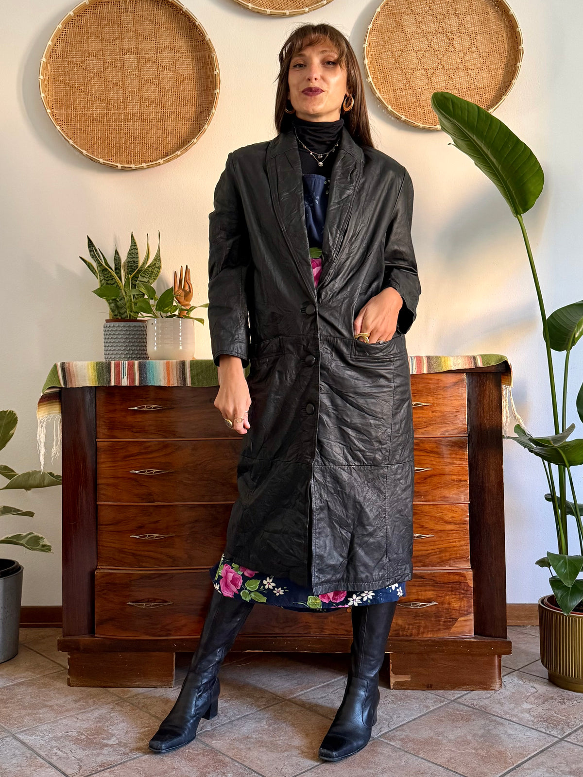 1990’s vintage butter soft black leather trench coat with lapel detail