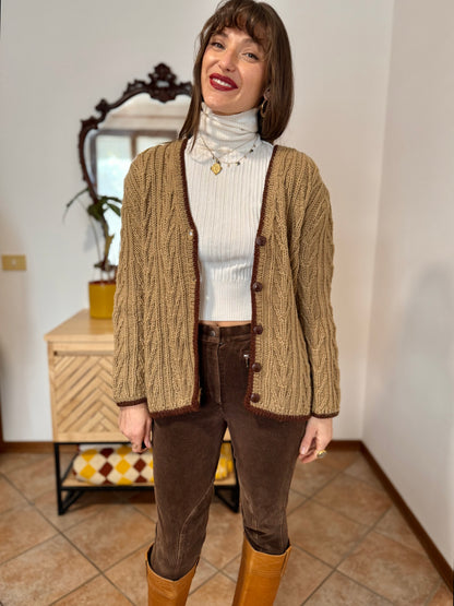 1970’s vintage tan hand knit wool cardigan with chocolate brown stitch trimming