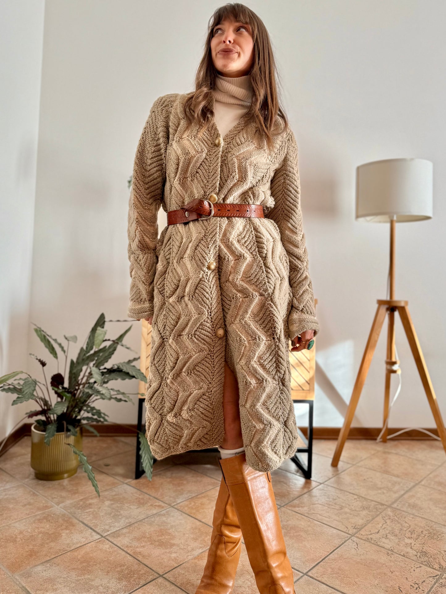 1970's vintage beige and cream chevron knit wool button down midi dress