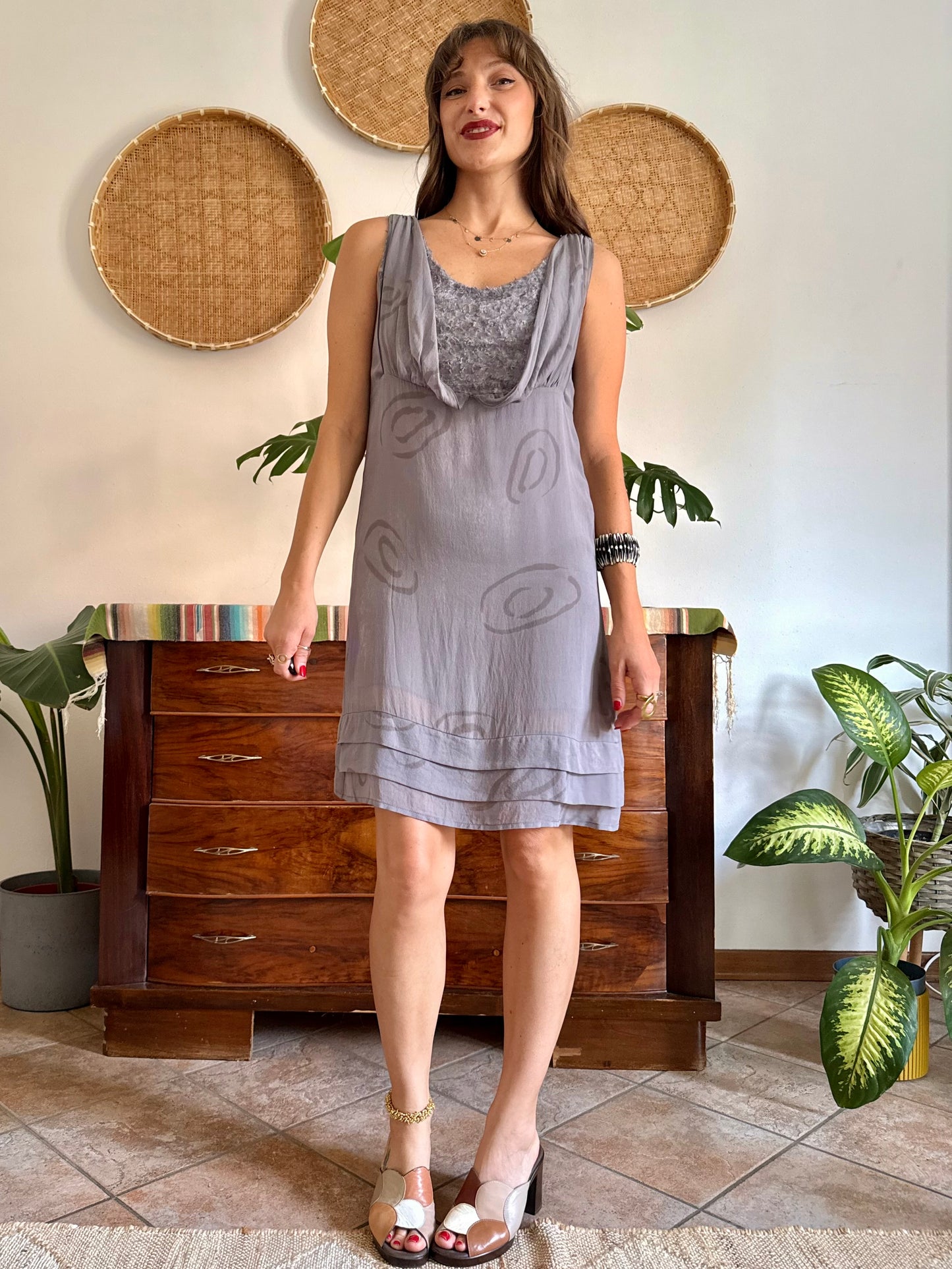 1990’s vintage grey silk mini slip dress with geometric pattern and silver textured details