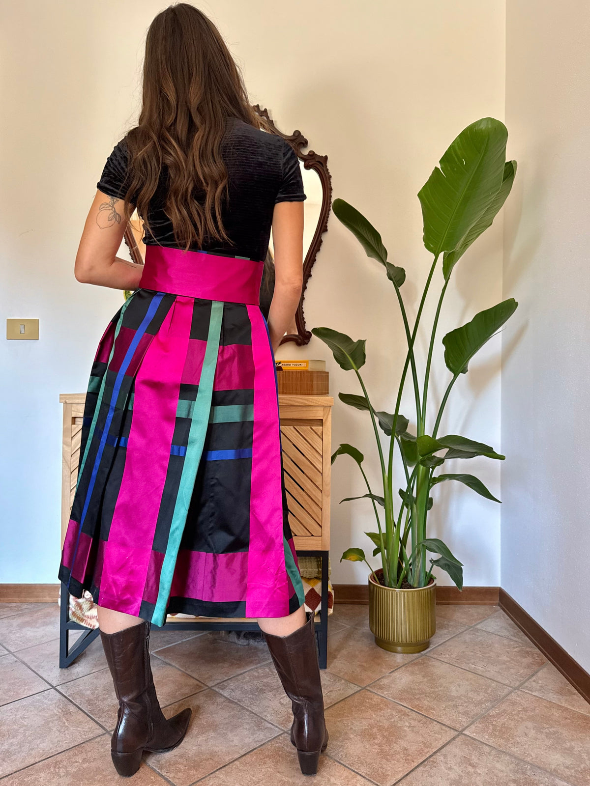 1970’s vintage black, fuchsia,green and blue plaid satin midi skirt