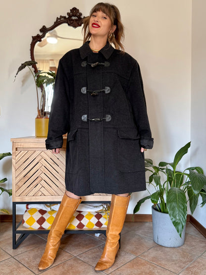 1970’s vintage charcoal grey cashmere and wool coat with toggle details