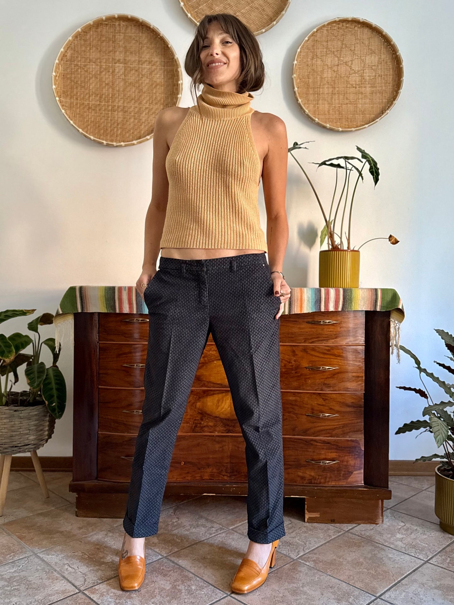 Y2k vintage black and light blue geometric print velvet trousers