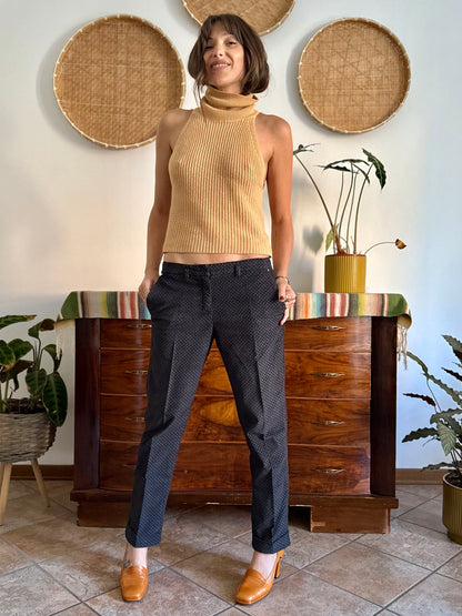 Y2k vintage black and light blue geometric print velvet trousers