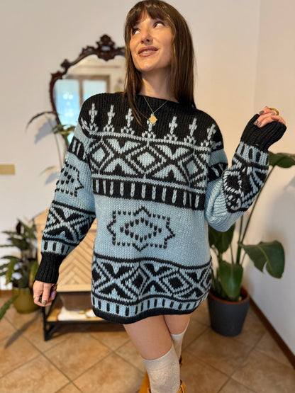 1970's vintage hand knit charcoal grey and light blue geometric pullover