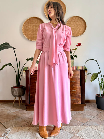 1970’s vintage pink maxi dress with bow tie collar