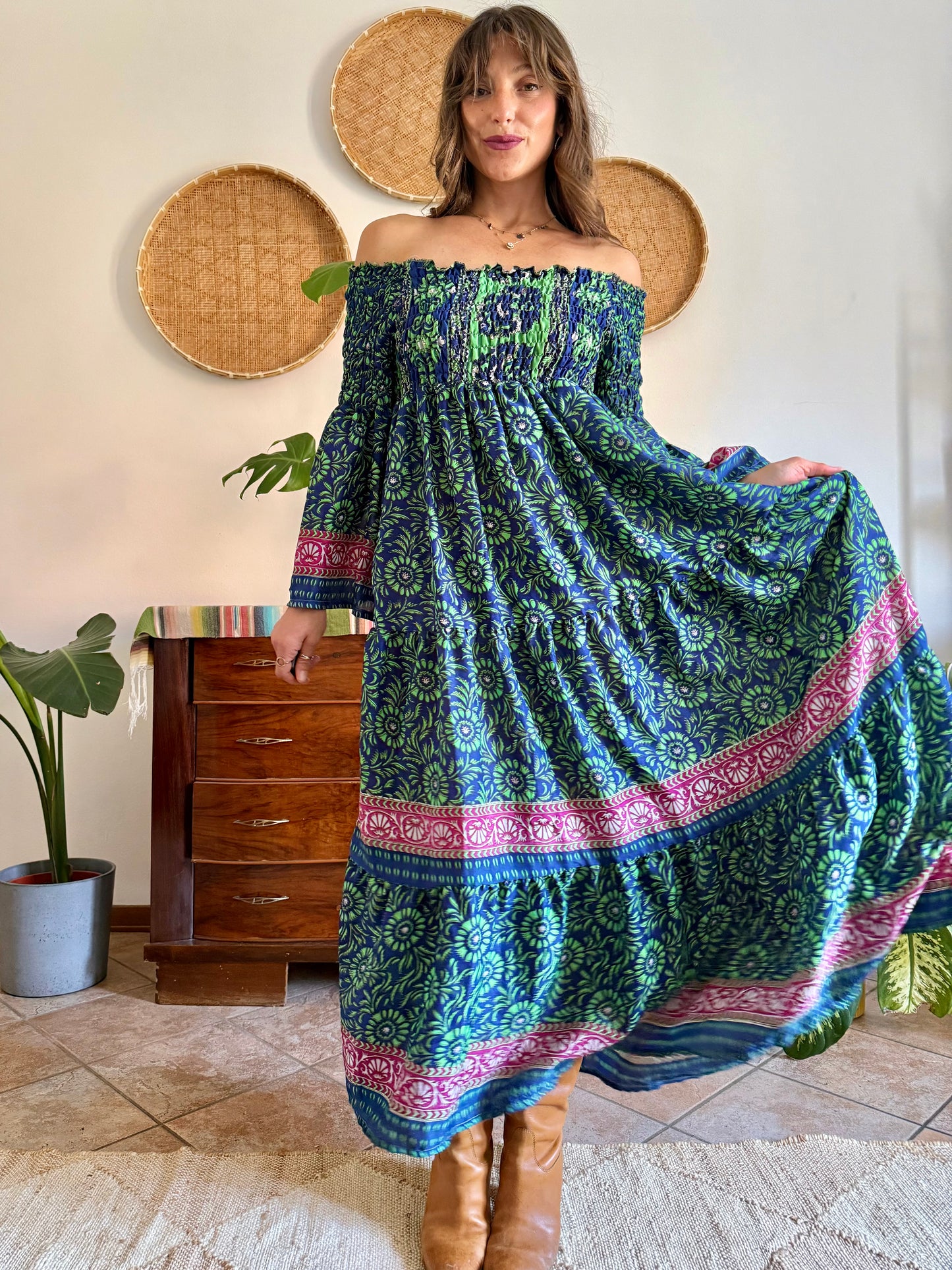 1970’s vintage green, blue and pink silk floral prairie maxi dress with bell sleeves