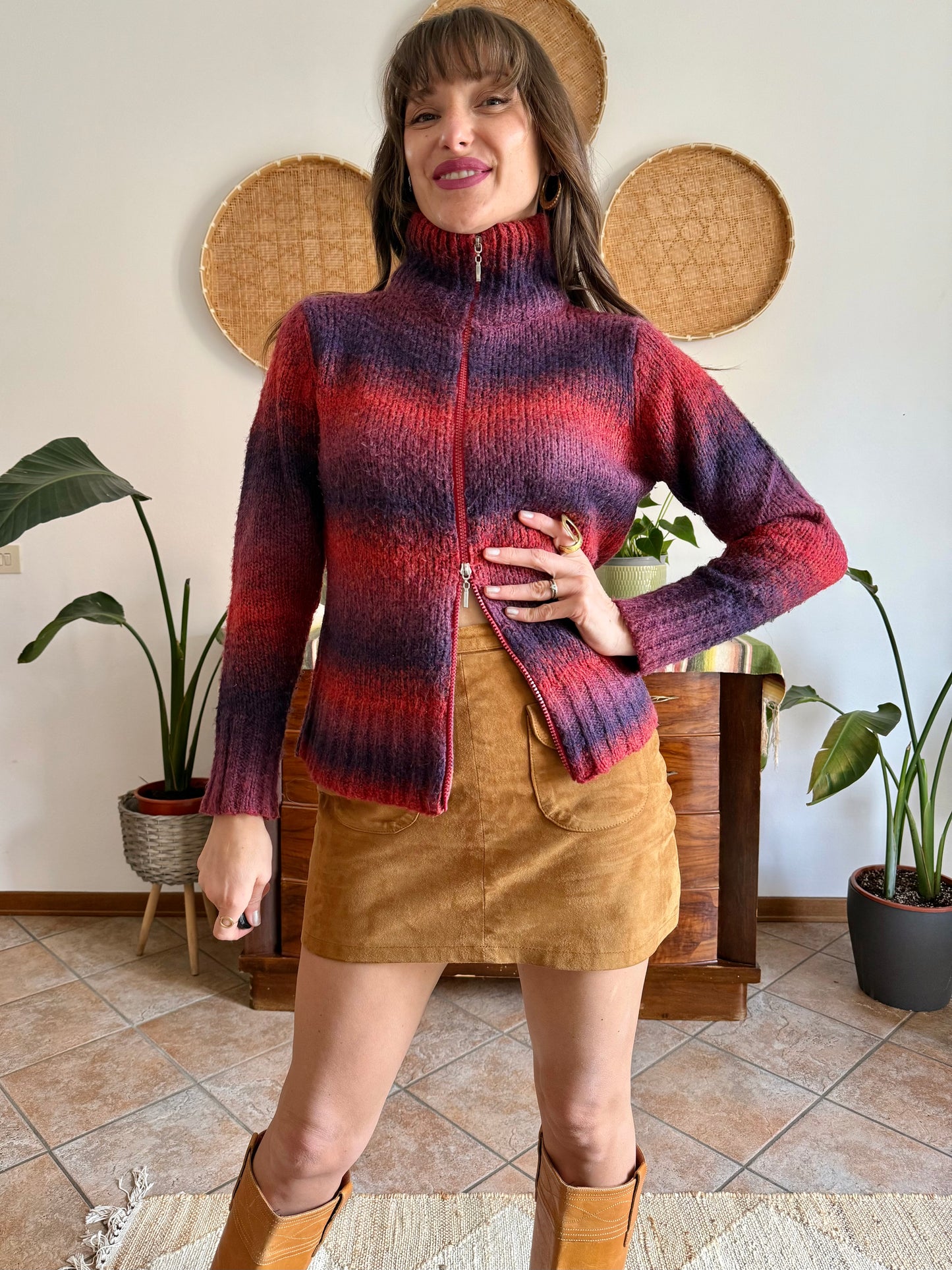 1990’s vintage purple and fucsia double zip mock neck wool cardigan