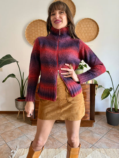 1990’s vintage purple and fucsia double zip mock neck wool cardigan