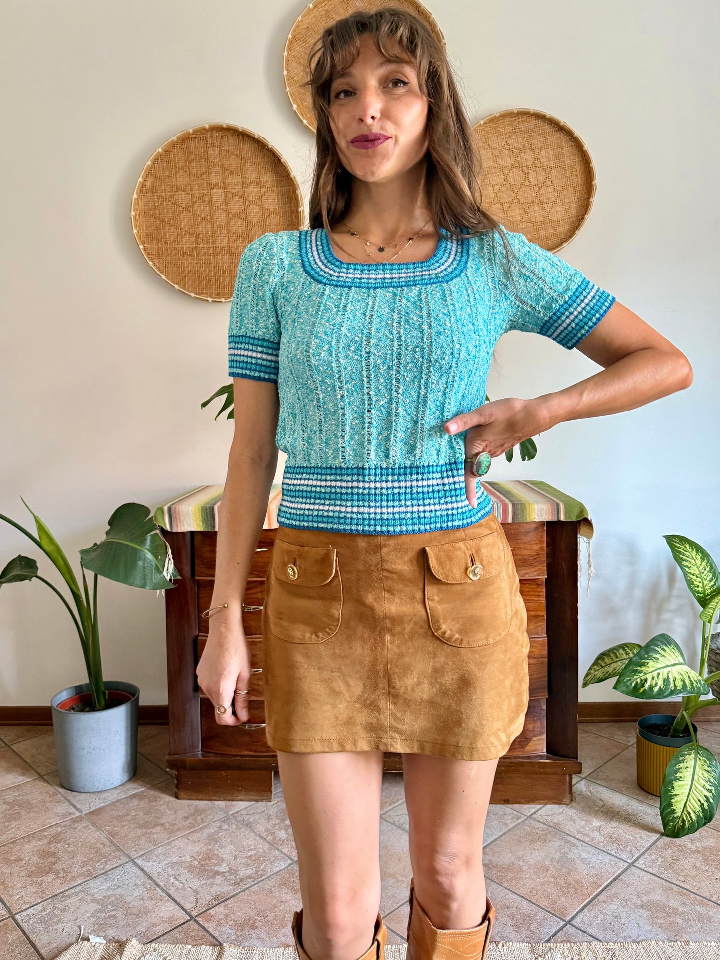 1970’s vintage turquoise,cream and blue textured knit top