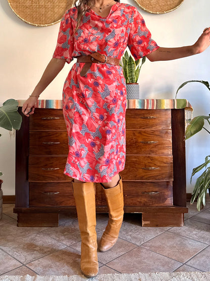 1960’s vintage punk and purple floral print midi dress with cowl neck