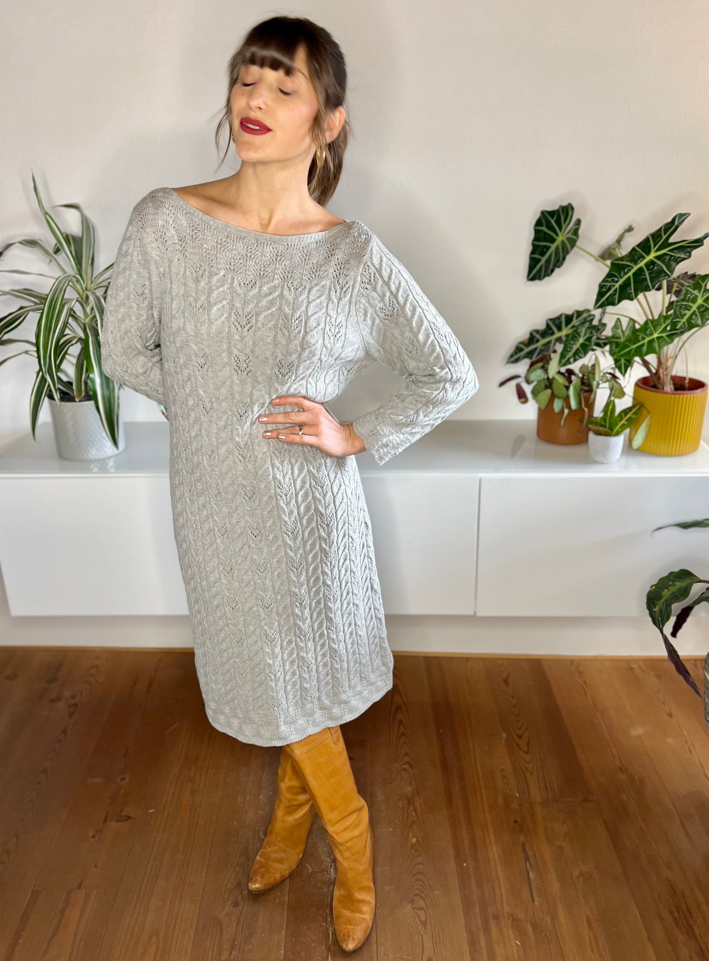 1990's vintage grey wool cable knit midi dress