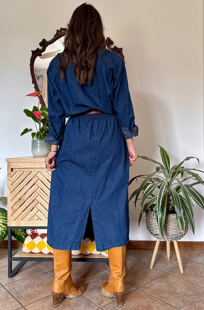 1970's vintage dark blue denim maxi dress