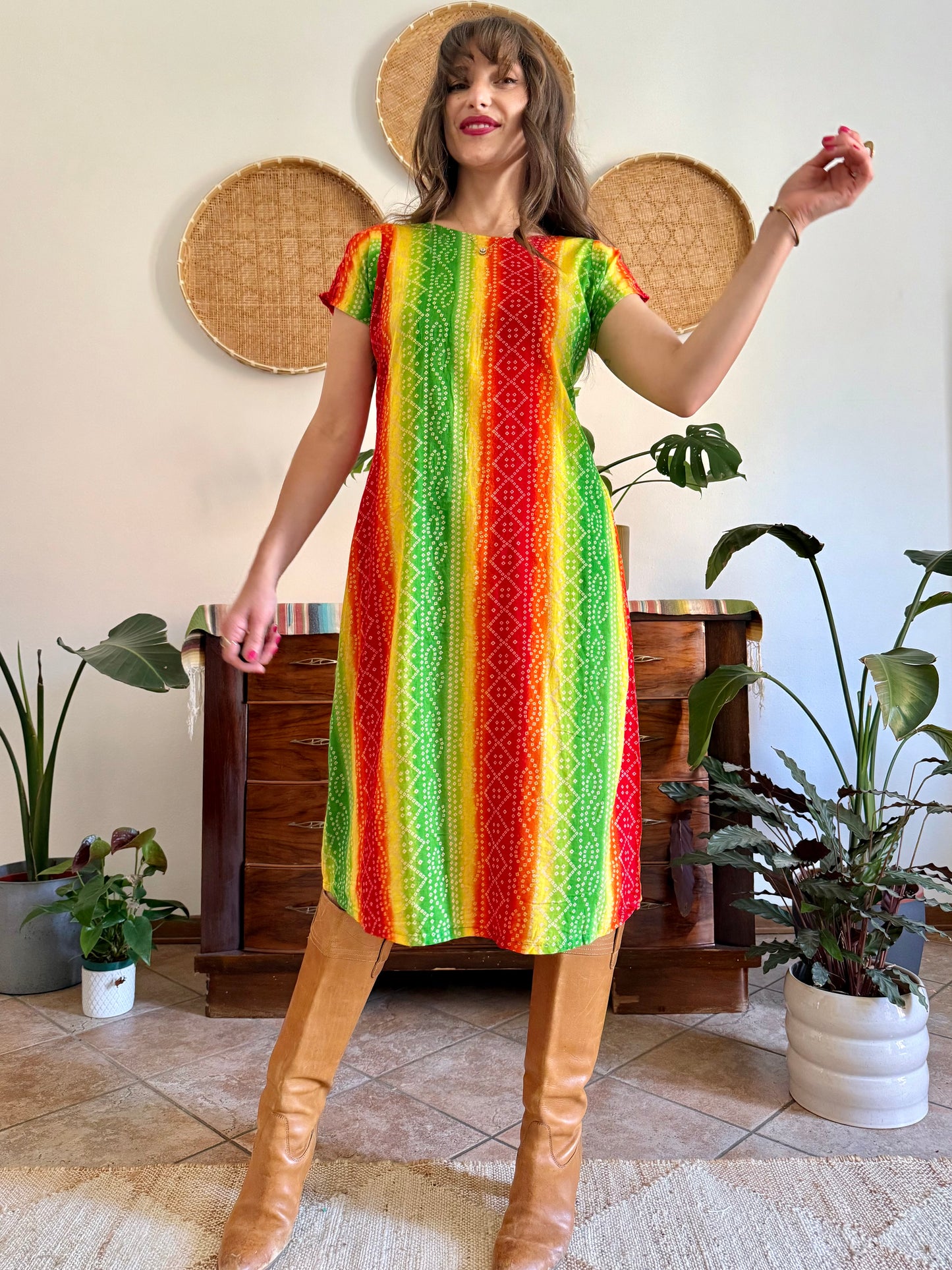 1970’s vintage multicolour tie die effect midi dress