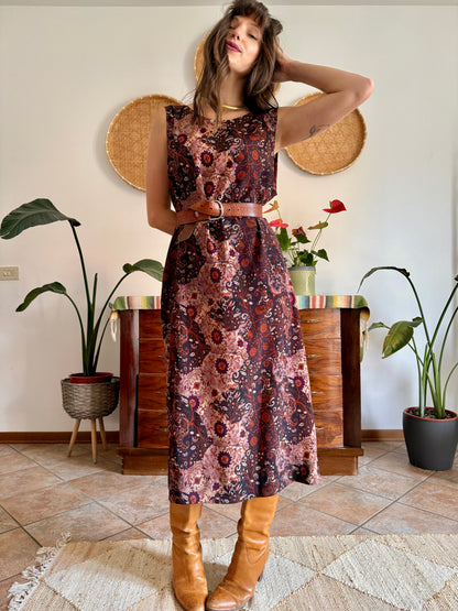 1990’s vintage burgundy, pink and orange floral paisley print maxi dress