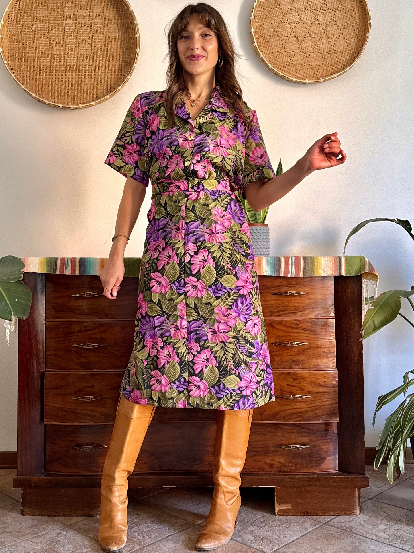 1960’s vintage, pink purple and green floral midi dress with matching belt