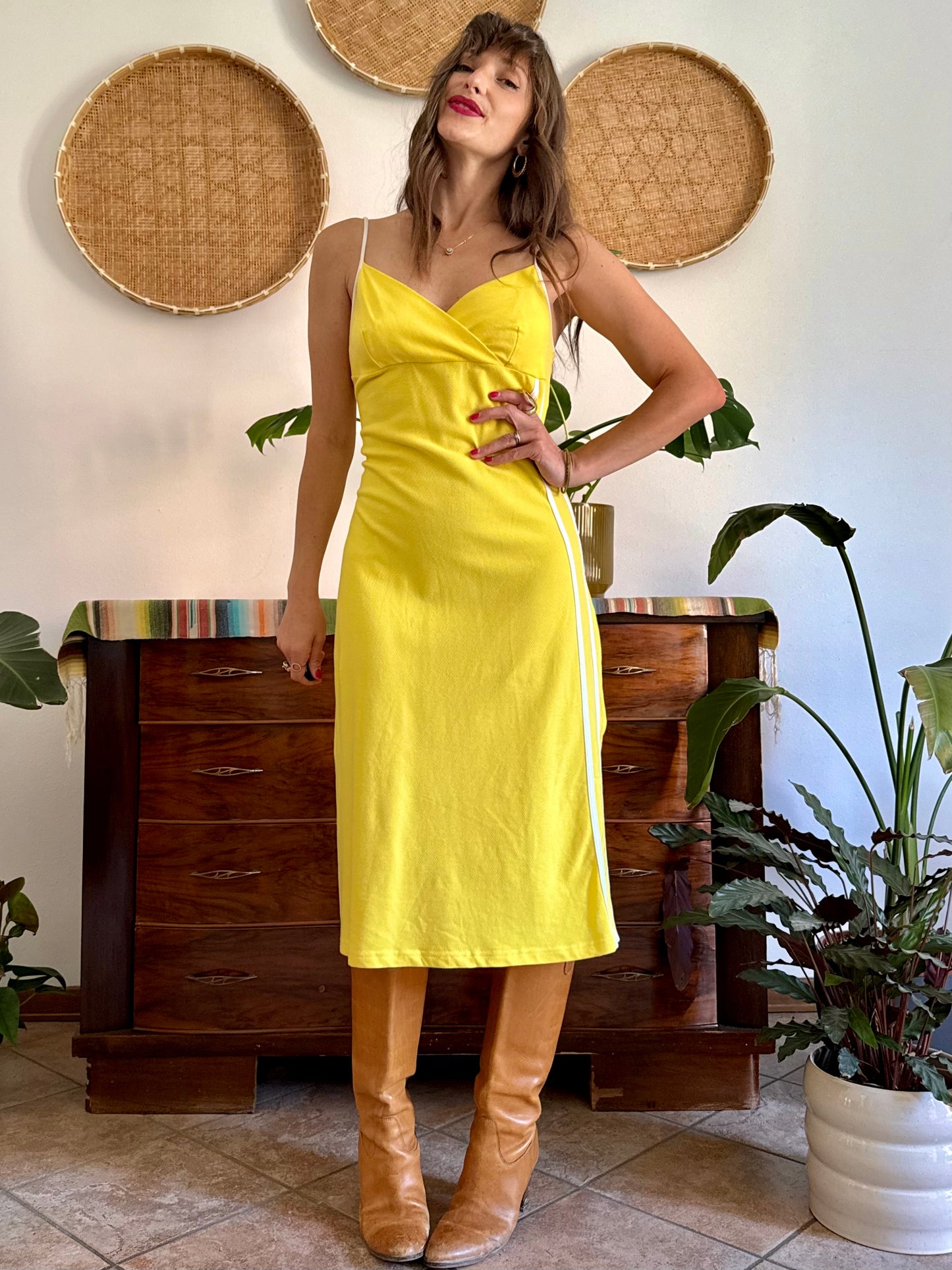 1990’s vintage canary yellow woven cotton midi dress with white stripe detailing