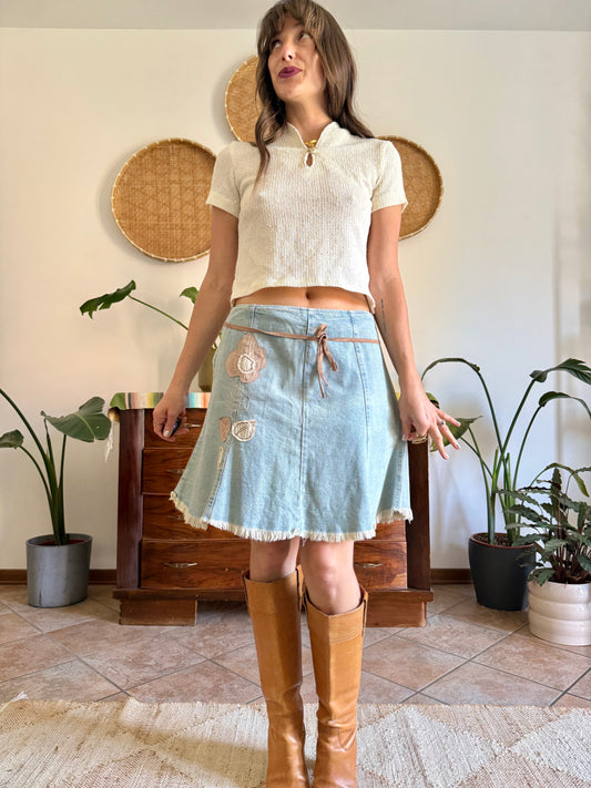 Y2K vintage denim skirt with beige floral patch detailing