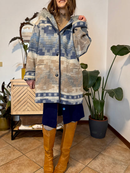 1990's vintage blue and tan Aztec pattern wool coat