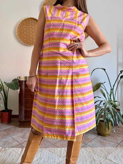 1960’s vintage pink and yellow striped geometric hand block printed midi dress