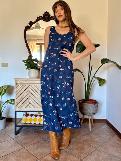 1990's vintage reversible navy blue floral print maxi dress