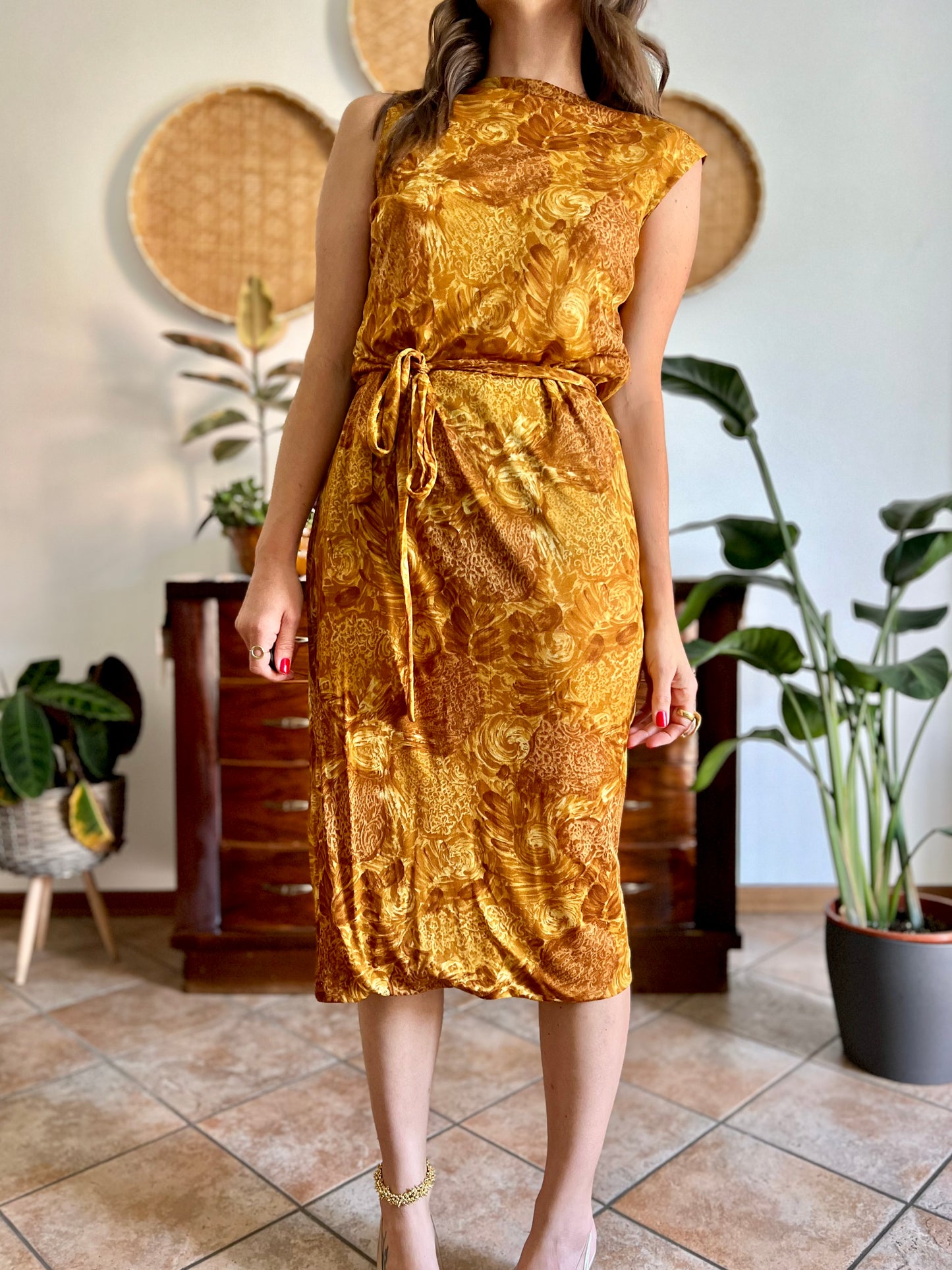 1960's vintage tan and mustard yellow floral print midi dress with cowl back