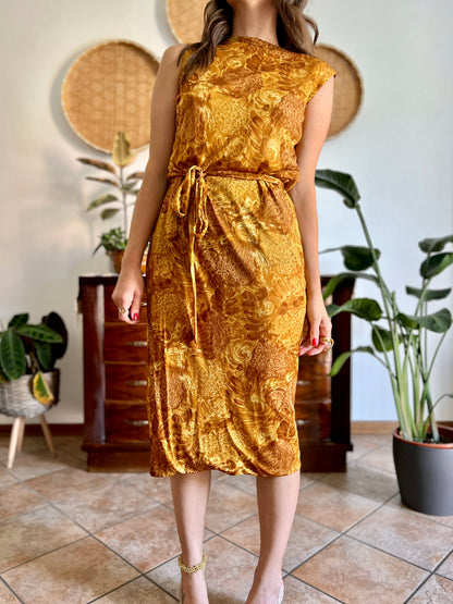 1960's vintage tan and mustard yellow floral print midi dress with cowl back