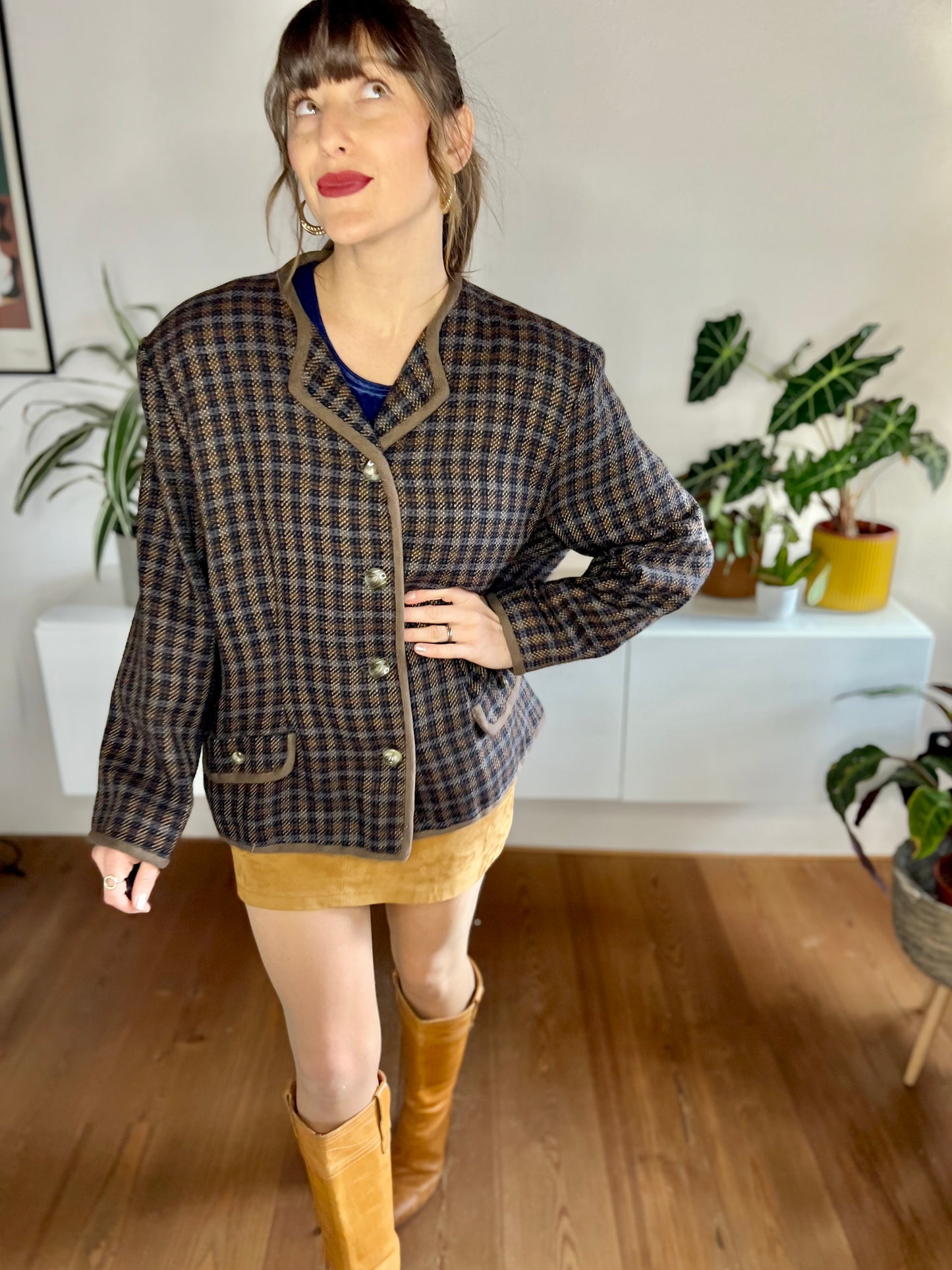 1970's vintage brown and blue oversize plaid wool blazer