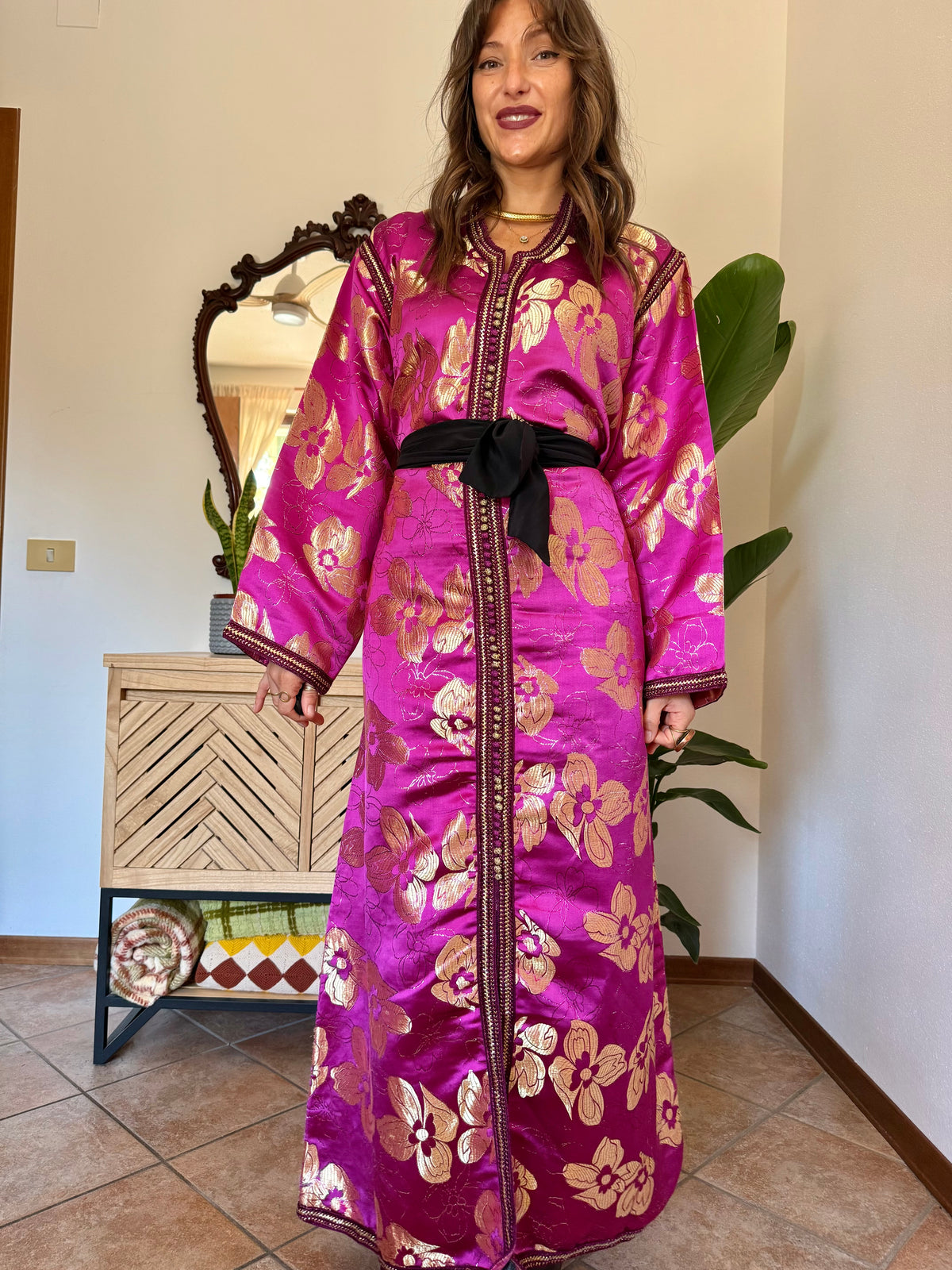 1970’s vintage fuchsia and gold floral weave brocade satin maxi dress