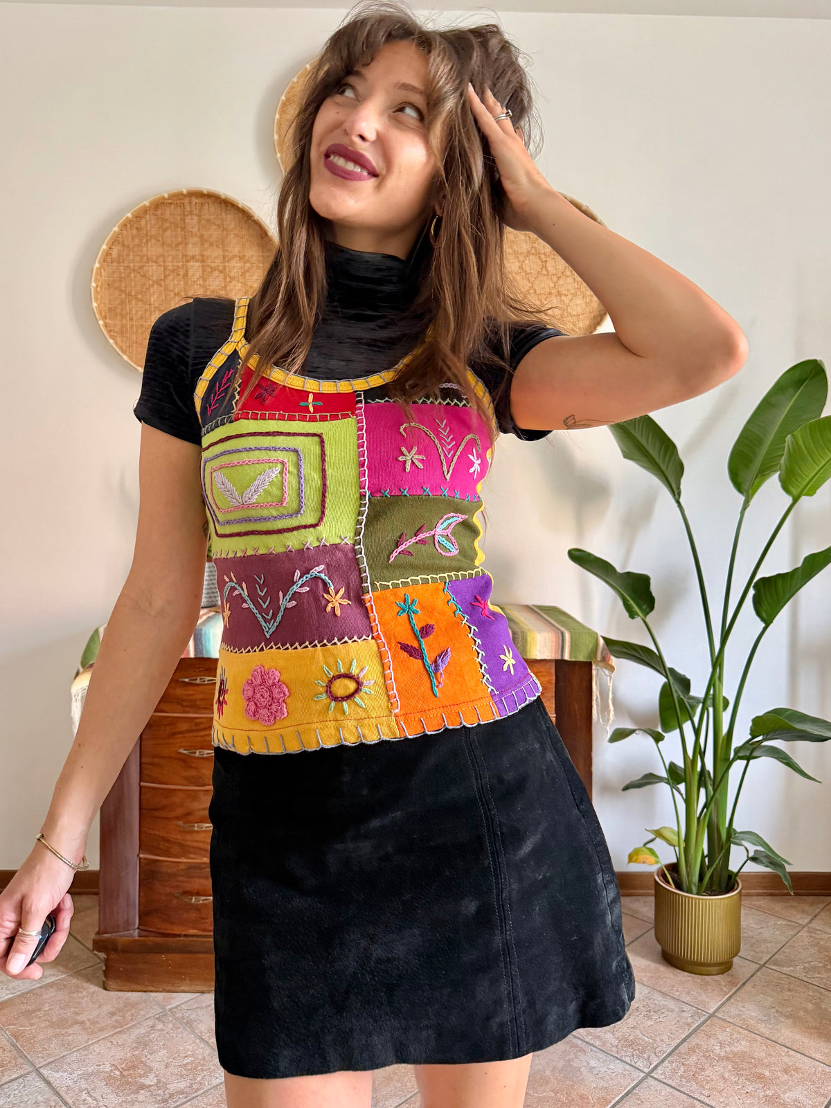 1990’s vintage multicolour patches or embroidered spaghetti strap top