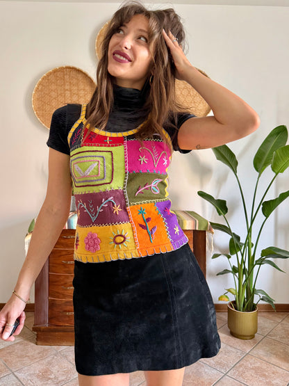 1990’s vintage multicolour patches or embroidered spaghetti strap top