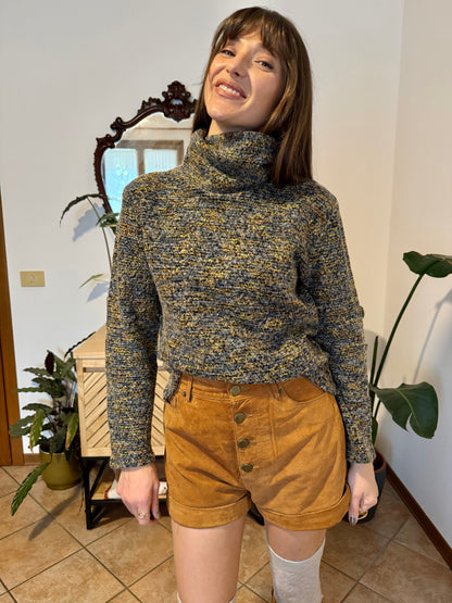 1990's vintage charcoal grey, yellow and blue boucle knit turtleneck pullover