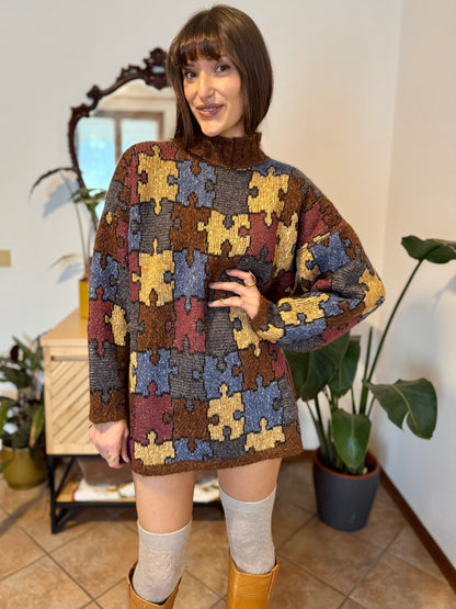 1970's vintage chocolate brown, yellow, blue and burgundy puzzle pattern knit wool pullover