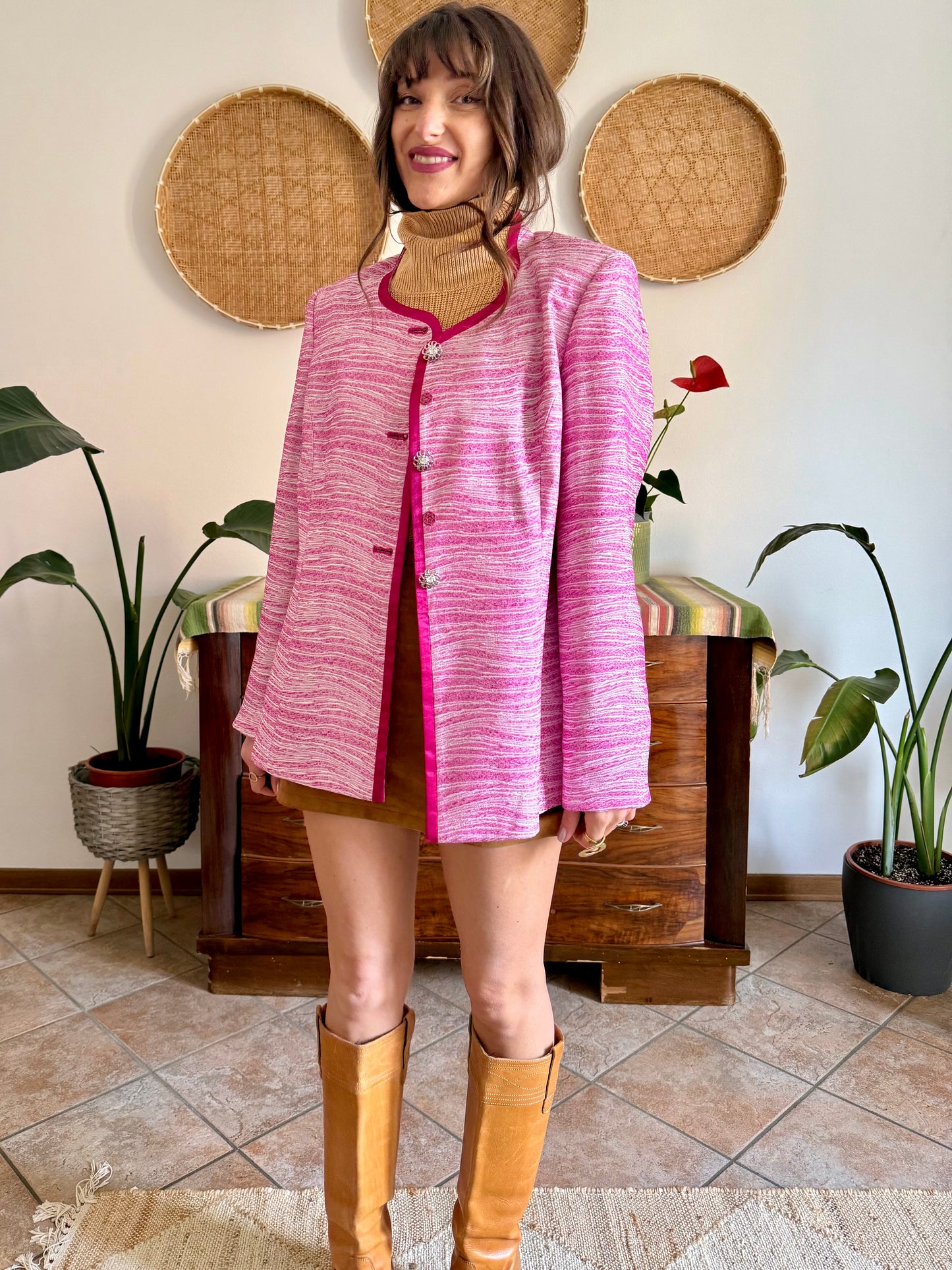 1980’s vintage fuchsia and cream textured woven jacket with rhinestones stone buttons