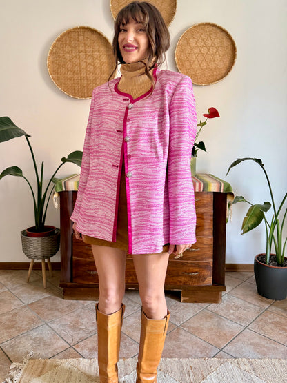 1980’s vintage fuchsia and cream textured woven jacket with rhinestones stone buttons