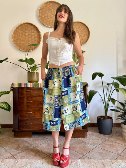 1990’s vintage navy, blue and green textured floral patchwork print midi skirt