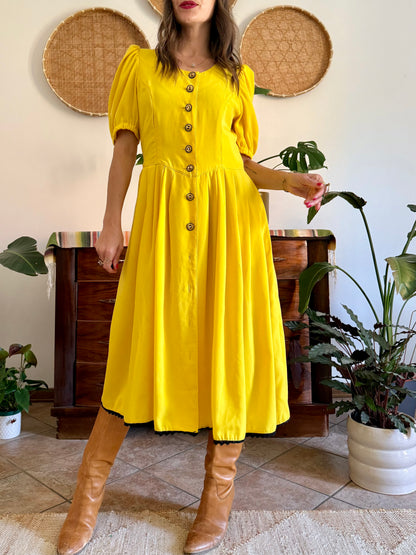 1960’s vintage canary yellow button down midi dress with black crochet detailing