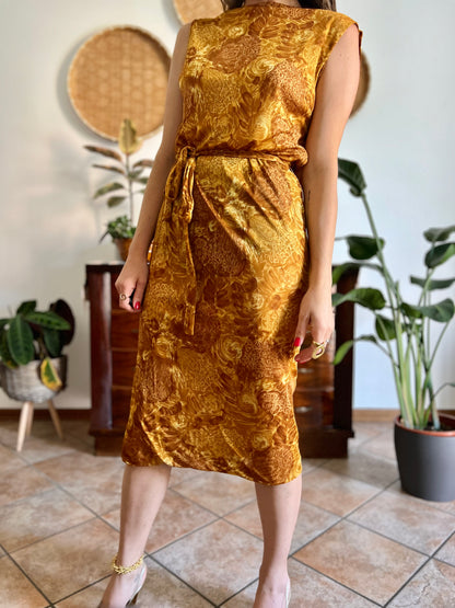 1960's vintage tan and mustard yellow floral print midi dress with cowl back