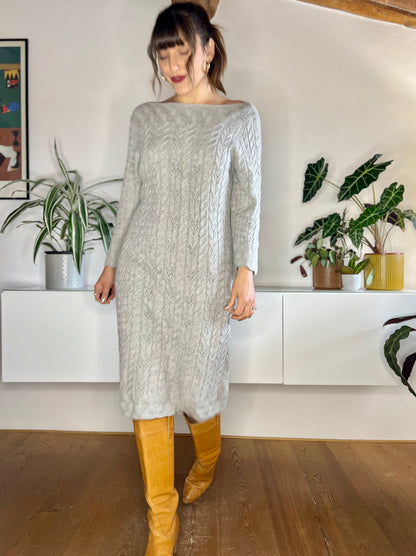 1990's vintage grey wool cable knit midi dress