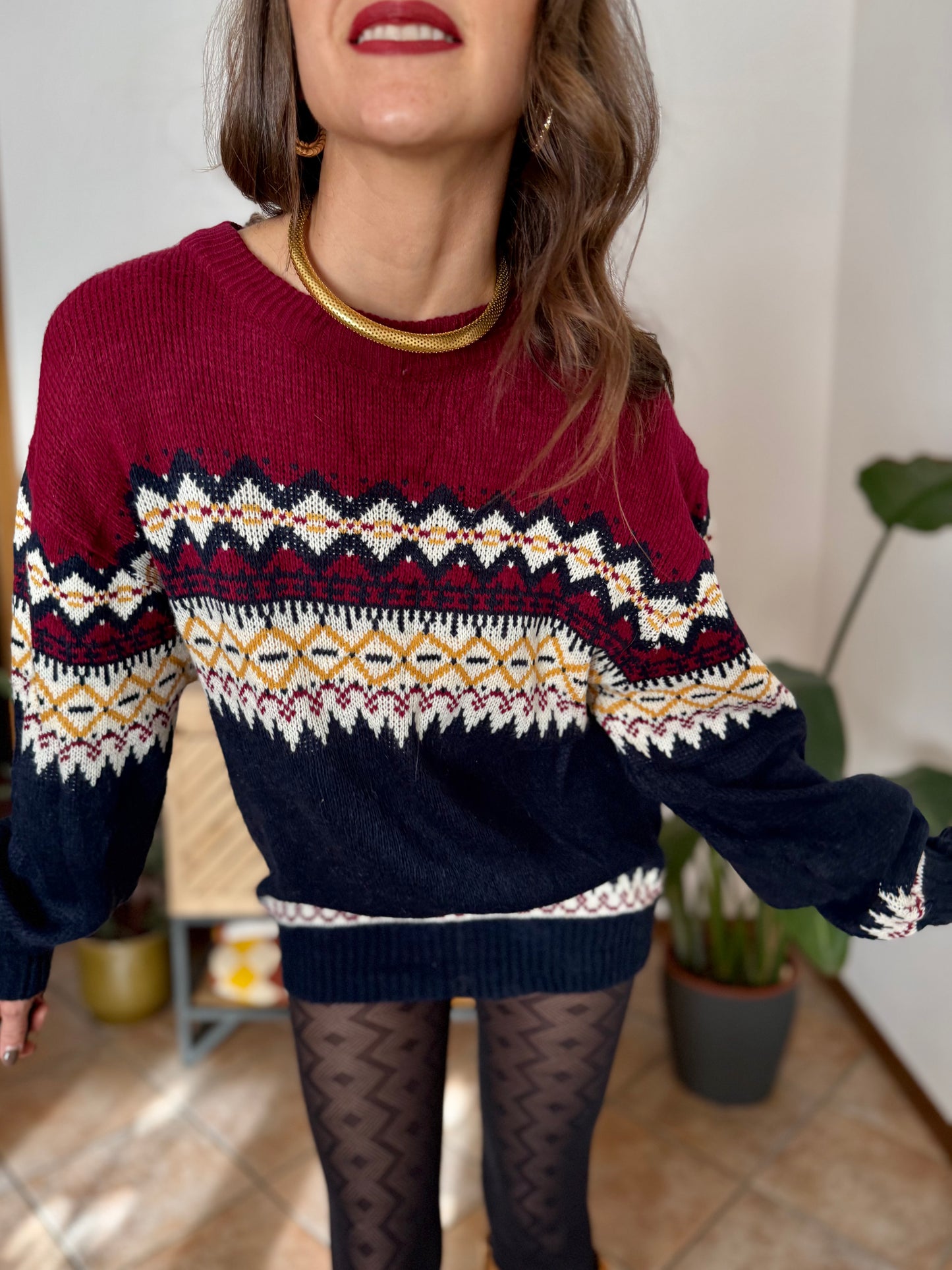 1980's vintage burgundy, navy and mustard yellow knit pullover dress