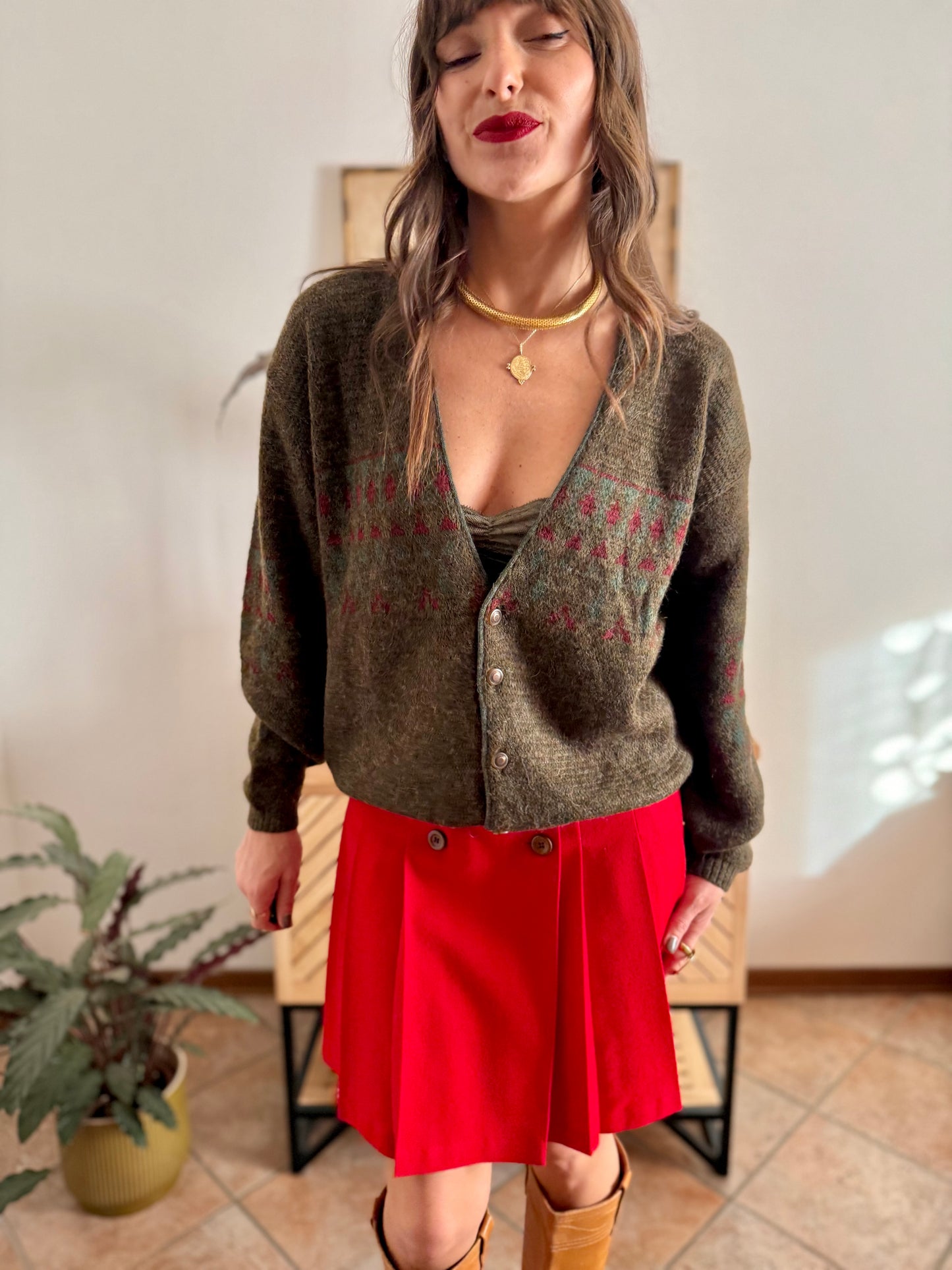 1990’s vintage green, red and khaki geometric knit wool and alpaca blend cardigan