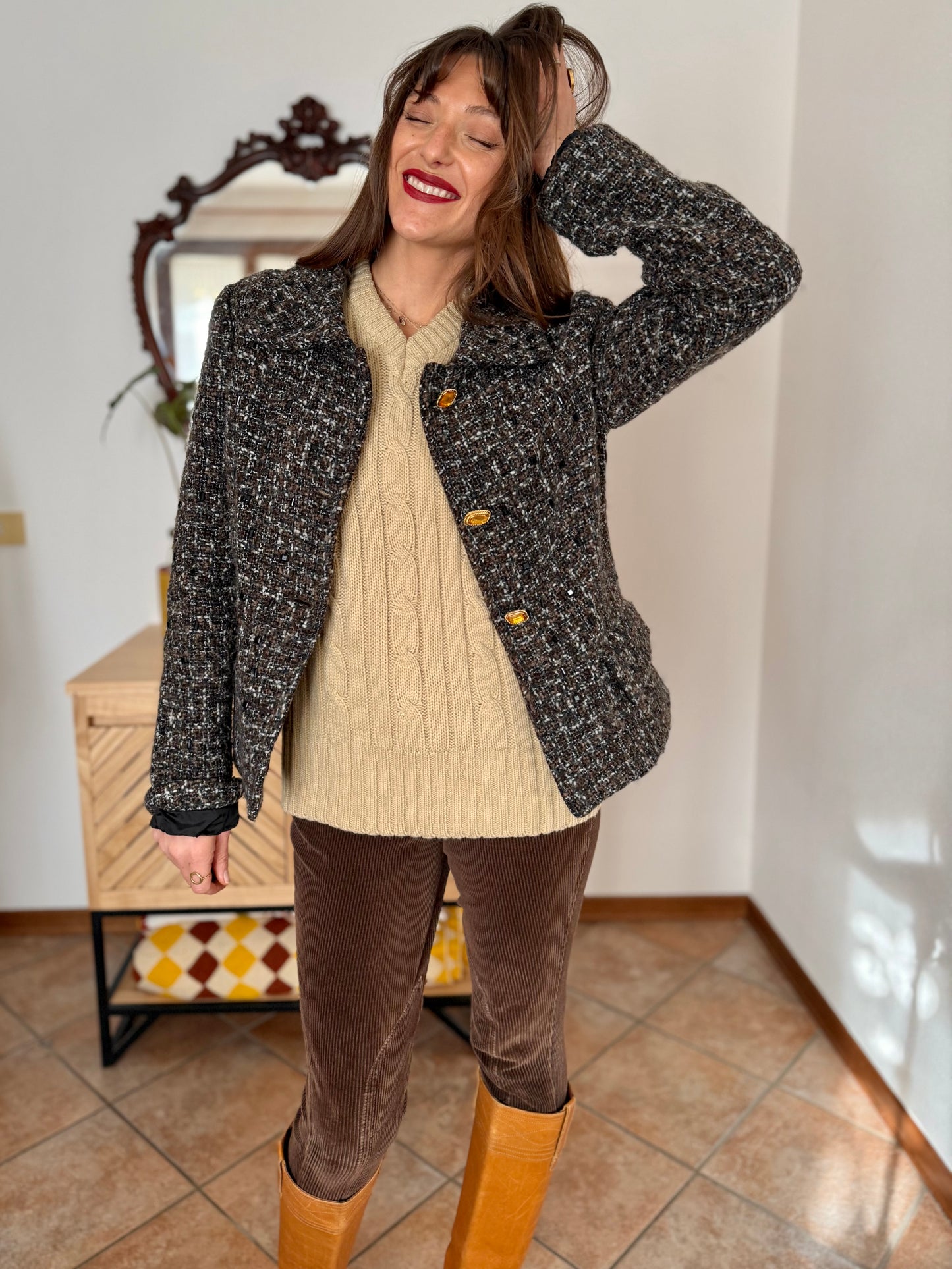 1990’s vintage black, khaki and cream boucle wool with gold and yellow glass buttons