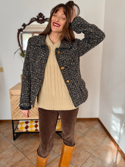 1990’s vintage black, khaki and cream boucle wool with gold and yellow glass buttons