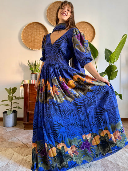 1960’s vintage blue floral silk evening gown with matching scarf and belt