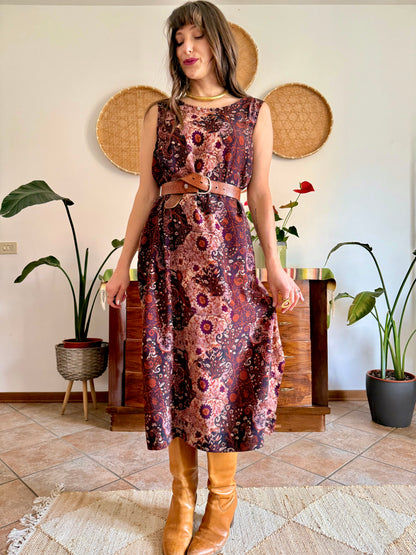 1990’s vintage burgundy, pink and orange floral paisley print maxi dress